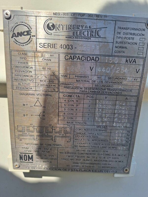 Transformador Reconstruido 150 KVA 13200-440/254 V. Tipo Poste - Imagen 5