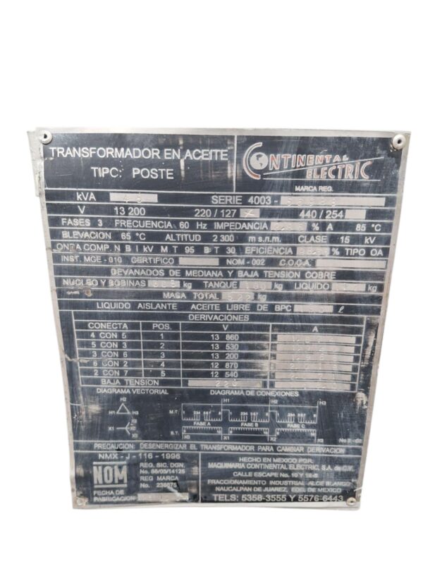 Transformador 45 KVA 13200-440/254 V.  Tipo Poste Usado - Imagen 4