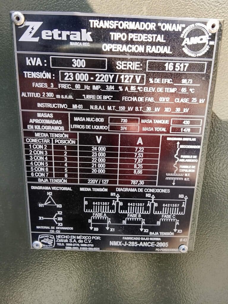 Venta Transformador Pedestal Seminuevo 300 KVA 23000-220/127 V.