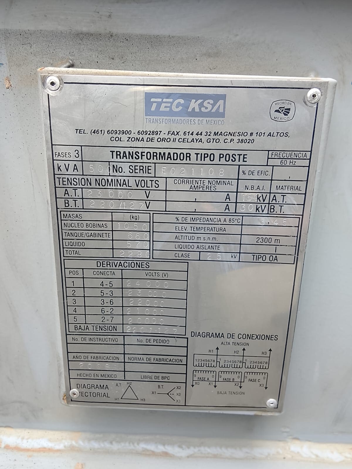 Venta de Transformador Seminuevo Tipo Subestación 500 KVA 23000-220/127 V.